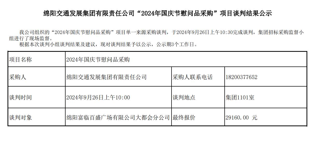 綿陽交通發(fā)展集團(tuán)有限責(zé)任公司“2024年國慶節(jié)慰問品采購”項目談判結(jié)果公示.png